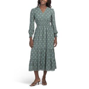 NEW MAX STUDIO LONDON Dark Green Long Sleeve V-neck Maxi Dress